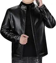 [Zylphorix] Men's Leather Jacket with Zip Up Closure Quilted Lining Features Stand Collar Functional Pockets for Versatile Wear