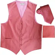 New Men's Formal Vest Tuxedo Waistcoat_necktie set stripes wedding prom coral
