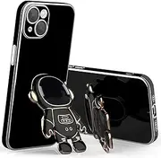 LIUJINCAN Cute Black Plating Astronaut Camera Protector Case for iPhone 14, Hidden Stand Folding Kickstand for Women and Girls (Black, 14)