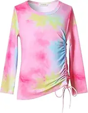 [Perfashion] Girls Flutter/Long Sleeve Cotton T-Shirts Side Drawstring Tunic Blouse Round Neck Casual Tops for 4-13Years