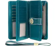 Wallet Women Leather Wallet Many Compartments Long Wallet Women RFID Protection Women Wallet Leather with Mobile Phone Pocket and Zipper - Pfauenblau