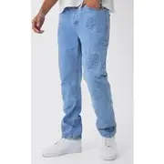 Mens Light Blue Straight Leg Cross Embossed Jeans