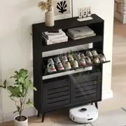 Shoe Storage Cabinet with 2 Flip Drawers,Freestanding Hidden Narrow Slim Shoe Rack Cabinet Space Saving for Entryway,Black