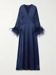 [Taller Marmo] Taller Marmo - Elvira Feather-trimmed Silk-satin Gown - Navy - IT42 IT 42 Blue