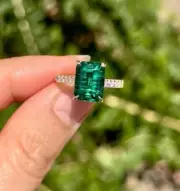 Zambian 2.35 Ct Octagon Cut Natural Emerald Diamond Ring 14K solid White gold