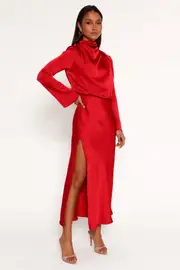 [PUP14] Kristyn Long Sleeve Midi Dress - Red S Red
