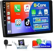 [2+64G] 8 Core Double Din Car Stereo Radio with Wireless CarPlay & Android Auto 9 Inch Touch Screen Bluetooth Audio with GPS Navigation Mirror Link WiFi EQ RDS Hi-Fi AHD Backup Camera MIC