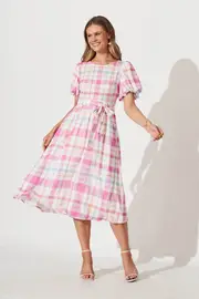 Miranda Midi Dress Short Sleeve in multicolor Pink With Multi Check 8