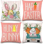 4PCS Easter Pillow Covers 18x18 Inches Bunny Easter Pillow Cases for Home Bed Holiday Farmhouse Outdoor Decoration Pink Easter Throw Pillow Covers for Sofa Couch Cushion