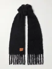 [LOEWE] LOEWE - Fringed Appliquéd Leather-trimmed Brushed Mohair-blend Scarf - Black - One size One size Black