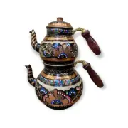 Turkish Hammered Copper Teapot, Set Double Tea Kettle Wooden Handle Enamel