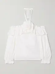 [Carolina Herrera] Carolina Herrera - Off-the-shoulder Ruffled Appliquéd Cotton-blend Poplin Halterneck Blouse - White - US12 US 12 White