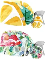 [WOSHJIUK] Working Hat 2 Pack Scrub Caps for Women,Oranges Tropical Leaves Lemon,Tie Back Cap Adjustable Scrub Hat