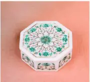 4.5" white Marble Trinket Jewelery Box green Malachite Inlay pietra dura c15