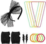 [JasperKino] 80s Fancy Dress Accessories Neon Necklace Bracelet Earrings Fishnet Gloves Leg warmers Headband（Black）