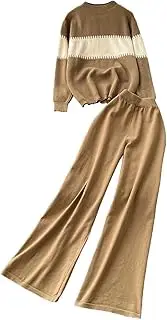 [Generic] Women's Lounge Knit Suits Long Sleeves Patchwork Loose Pullover Tops Wide Legs Pants 2PC Set Tracksuits Female Outfits