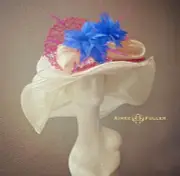 Kentucky Derby Big Hat Wide Brim Cream Hot Pink Fuchsia Hat Del Mar Royal Blue