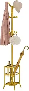 FAVOOSTY Coat Rack Freestanding,Coat Rack Stand with Umbrella Holder,Metal Coat Rack with 12 Hooks,Tree Clothes Hat for Entryway,Hallway,Living Room,Bedroom, Office To Hang Clothes-Glod