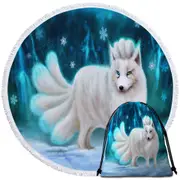 Beautiful White Snow Arctic Fox Round Beach Towel