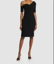 $295 Aidan Mattox Women's Black Short Sleeve One Shoulder Sheath Dress Size 4