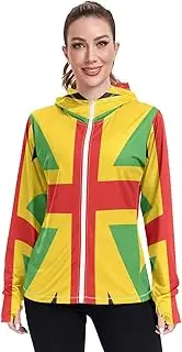 [RPLIFE] Jamaican Flag Hoodie Women, Upf 50+ Zip up Long Sleeve Hiking Shirt Women