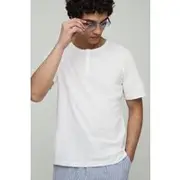 Mens White Regular Fit Button Neck Slub T-Shirt