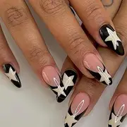 Press on Nails French Tip - 24pcs Medium Almond False Nails - 12 Sizes Stick on Nails with Star Pattern - Black And White Fake nails with Glue,Removable Glossy Artificial Acrylic Nail for Women