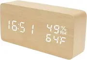 Raercodia Alarm Clock Wooden Digital Clock Modern Decorative Electronic LED Desk Clock Display Time Date Temperature Humidity 3 Alarms Brightness Adjustable for Home Office Bedroom(Beige,White)