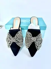 BNIB Betsey Johnson Mule Flats SIERA Black Satin Large Bow Rhinestone 7.5