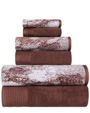 Superior Quick-Drying Solid and Marble Effect 6pc Cotton Towel Set 6 pc Brown