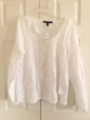 NWT White House Black Market Size L White $104 Lace Tie Neck Top Blouse Women