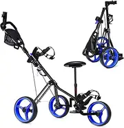 [Costway] 3-Wheel Folding Golf Push Cart, Multifunctional Push Pull Golf Trolley with Adjustable Handle, Padded Seat, Scoreboard, Cup Holder & Umbrella Holder