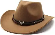 [VARAKA] Retro Men's Cowboy Hat Wide Brim Fedora Felt Jazz Hat Sun Hat Fishing Hat Travel Hat
