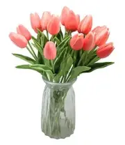 10-Heads Artificial Flowers PU Mini Real Touch Tulip Bouquets (Gradient Coral)