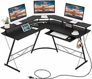 Costway L-Shaped Computer Desk with Power Outlet, 130 cm Corner Computer Workstation with Monitor Stand, Keyboard Tray & Headphone Hook, Ergonomic Gaming Desk for Home Office (Black)