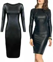 [R&N FASHIONS] Ladies Wet Look Long Sleeve Pu Women’s Bodycon Midi Faux Leather Mini Dress – Perfect for Any Occasion – Simple & Stylish Black Dress