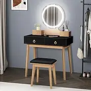 ALFORDSON Dressing Table and Makeup Stool Set Black Colour, Vanity Desk with LED Mirror & Casket Drawers, Dresser Organiser for Women Bedroom Dress Room