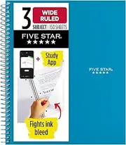 Five Star Spiral Notebook, 3 Subject, Wide Ruled Paper, 150 Sheets, 10-1/2" x 8" Sheet Size, Teal (73184)