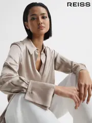 Reiss Champagne Hailey Silk Double-Cuff Button-Through Shirt (T44880) | $395