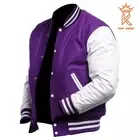 Varsity Lettermen Bomber Baseball Purple Wool Jacket With White Leather Sleeves