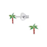 Solid 925 Sterling Silver Green Palm Tree Enamel Stud Earrings Women Girls