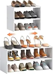 2-Tier Expandable White Shoe Rack Organizer for Closet, Stackable Shoe Rack Storage Shelf, Small Iron Wood Combination Shoe Shelves for Closets,Entryway,Front Door, Narrow Space,Hallway,6-12 Pairs