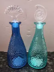 Lot Of 2 pebble glass bottles, 7.5 " Ocean Blue Green w/ Glass Shell Toppers