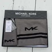 MICHAEL KORS Men Grey Black Beanie Hat W Scarf Set Both Reversible NEW