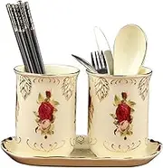 Kitchen Counter Kitchen Ceramic Utensil Holder for Countertop, 2-pieces Exquisite European Court Style Silverware Caddy Organizer Cutlery Drain Rack Organizer