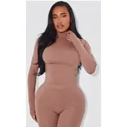 Shape Taupe Stretch Seamless High Neck Long Sleeve Top, Taupe