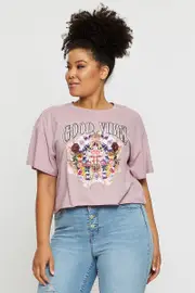 Pink Crop T-shirt Good Vibes Short Sleeve Cotton Semi