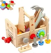 29 PCS Kids Tool Set with Tool Belt Wooden Tool Set for Kids 3-6 Years Old, Montessori Toys Educational Toddler Pretend Play Learning STEM Toys, Gift for 3+ Years Old Boy Girl