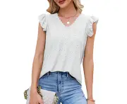 Women Top V Neck Hollowed Ruffled Collar Short Sleeve Polyester Fiber Breathable T Shirt For Spring Summer White Xl