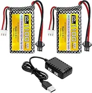 2PCS 7.4V 2S 30C 1100mAh Rechargeable Lipo Battery with SM-2P Plug Suitable for Various RC Toy Cars Compatible with Most 1/10, 1/16, 1/18, 1/24 Ratio RC Car Truck, with 1 Trailer 2 Chargers
